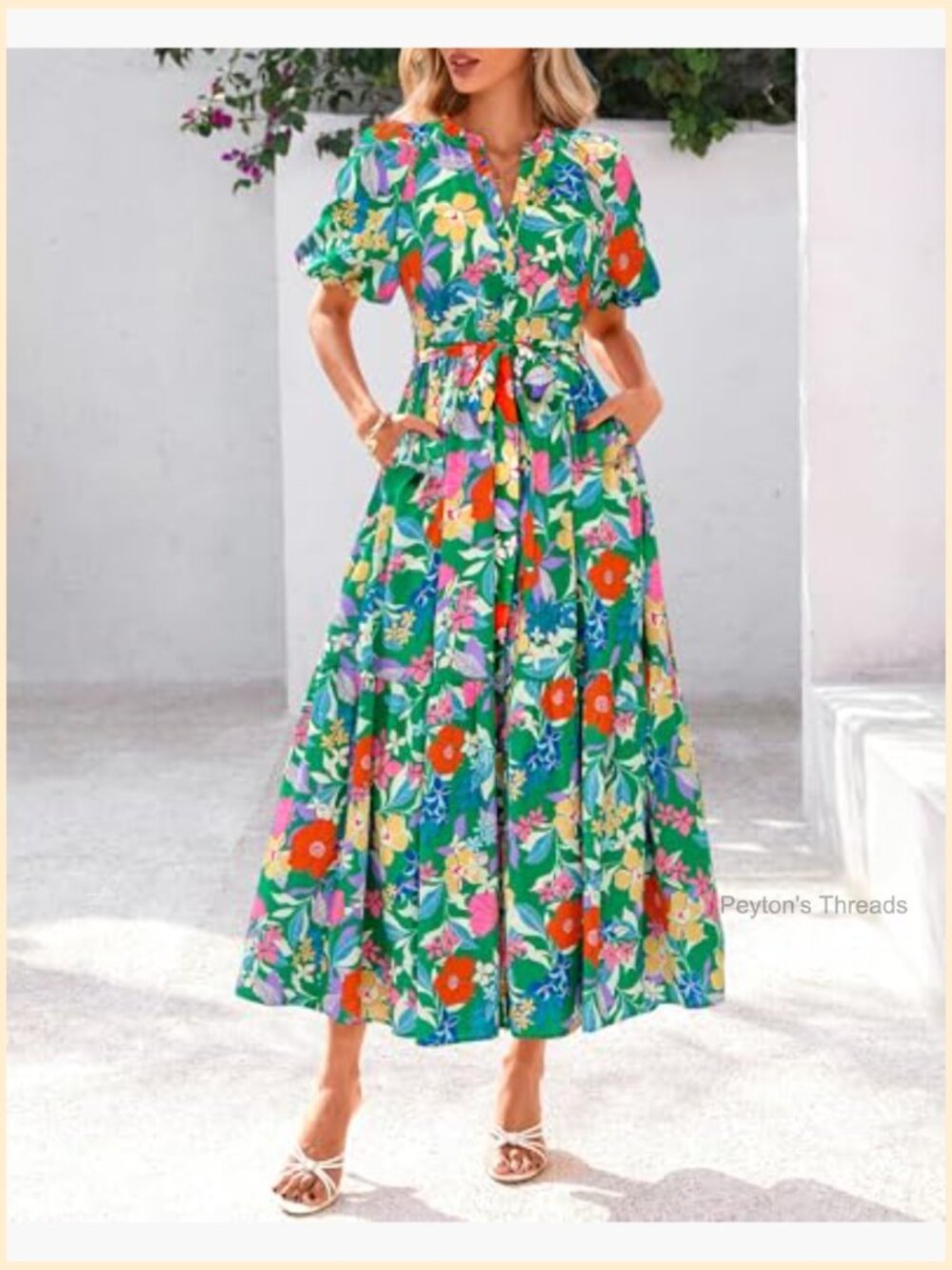 Boho Short Sleeve V Neck Button Belt Flowy Maxi Dress with Pockets - Picture 2 of 7